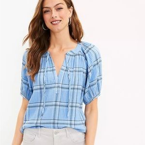 NWT Loft Plaid Tie Neck Puff Sleeve Top Size Large